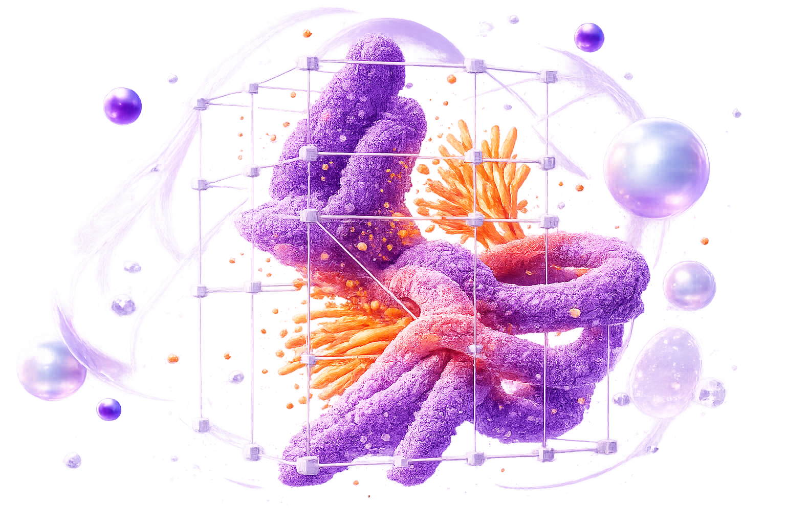 Purple and orange abstract AI automation sculpture inside a wireframe cube