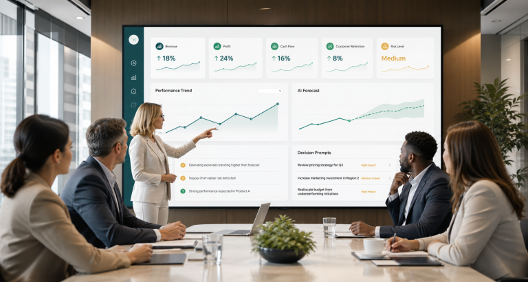 Executives reviewing AI dashboards with KPIs forecasts and decision prompts