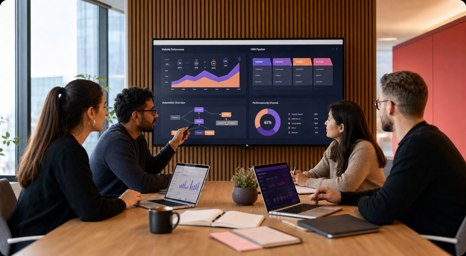 Digital agency team reviewing website performance and automation dashboards