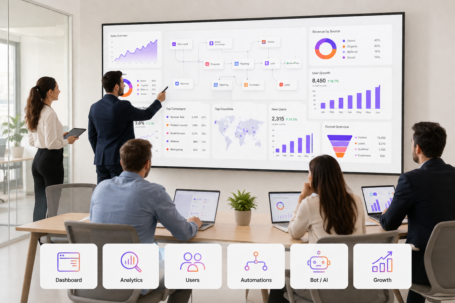 Agency team reviewing website, SEO, CRM and automation dashboards