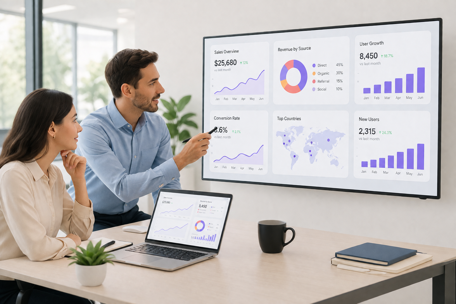 Business team reviewing growth analytics dashboards