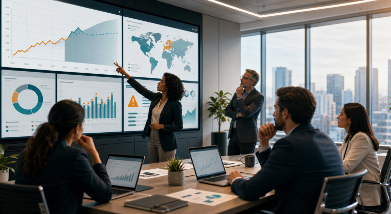 Business team using predictive analytics dashboards to improve decisions