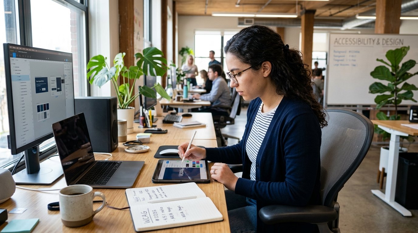 Designer checking color contrast ratios and legibility on tablet