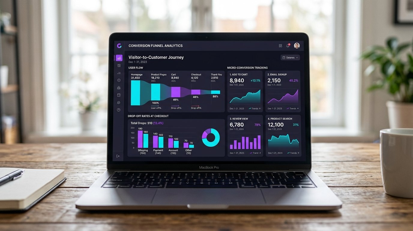 Conversion funnel analytics dashboard on laptop screen showing visitor drop-off points