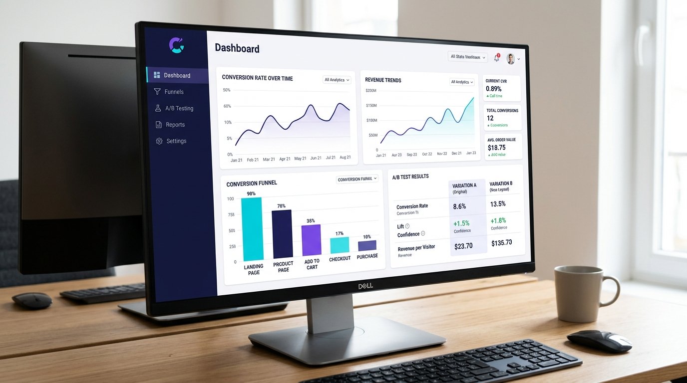 Website conversion rate optimization workspace and analytics dashboard showing A/B test results