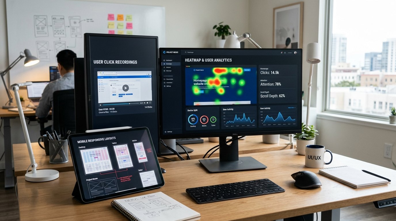 UX design workstation displaying click heatmaps and user session recordings