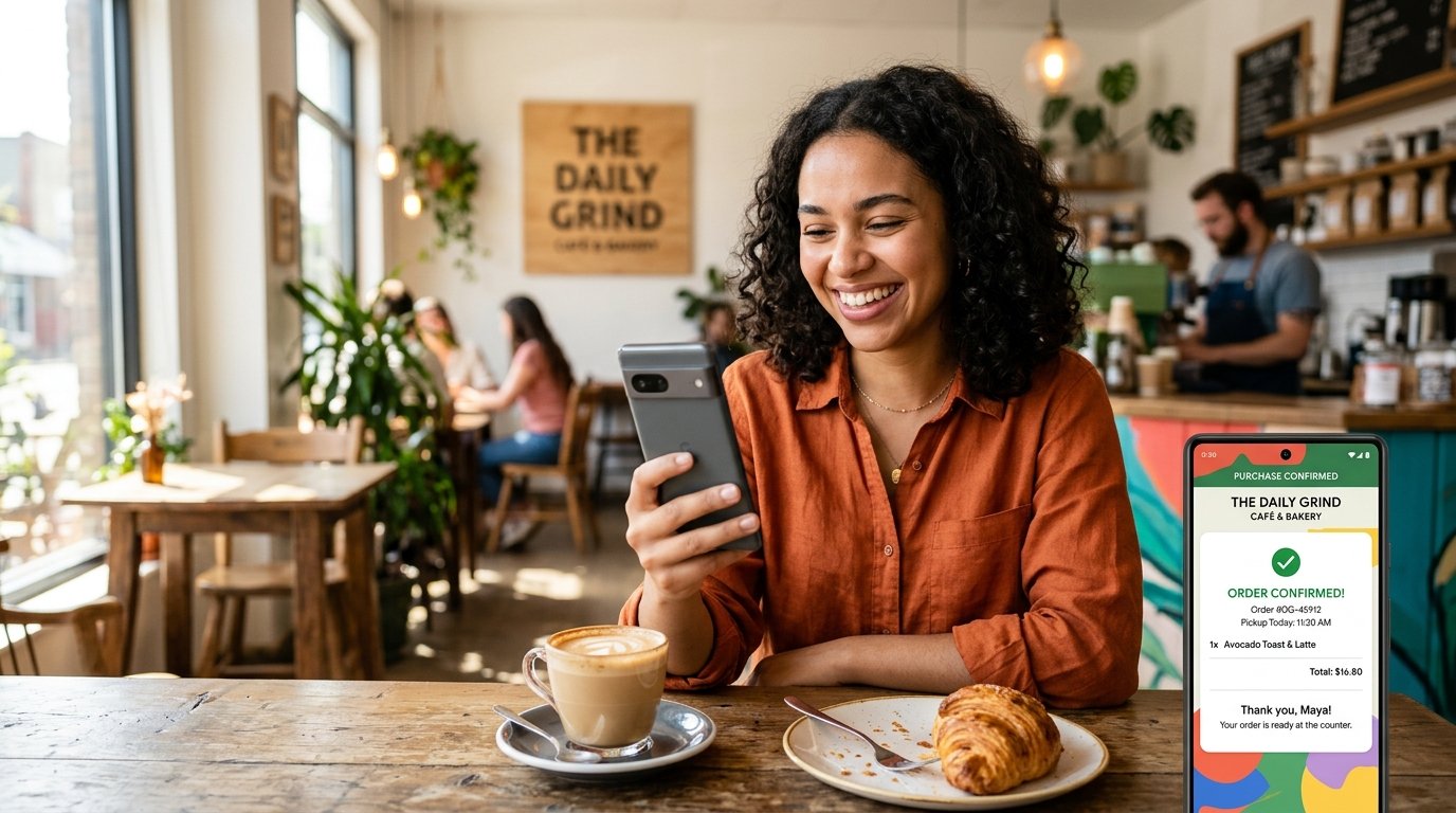 Happy customer holding smartphone viewing completed purchase confirmation page in cafe