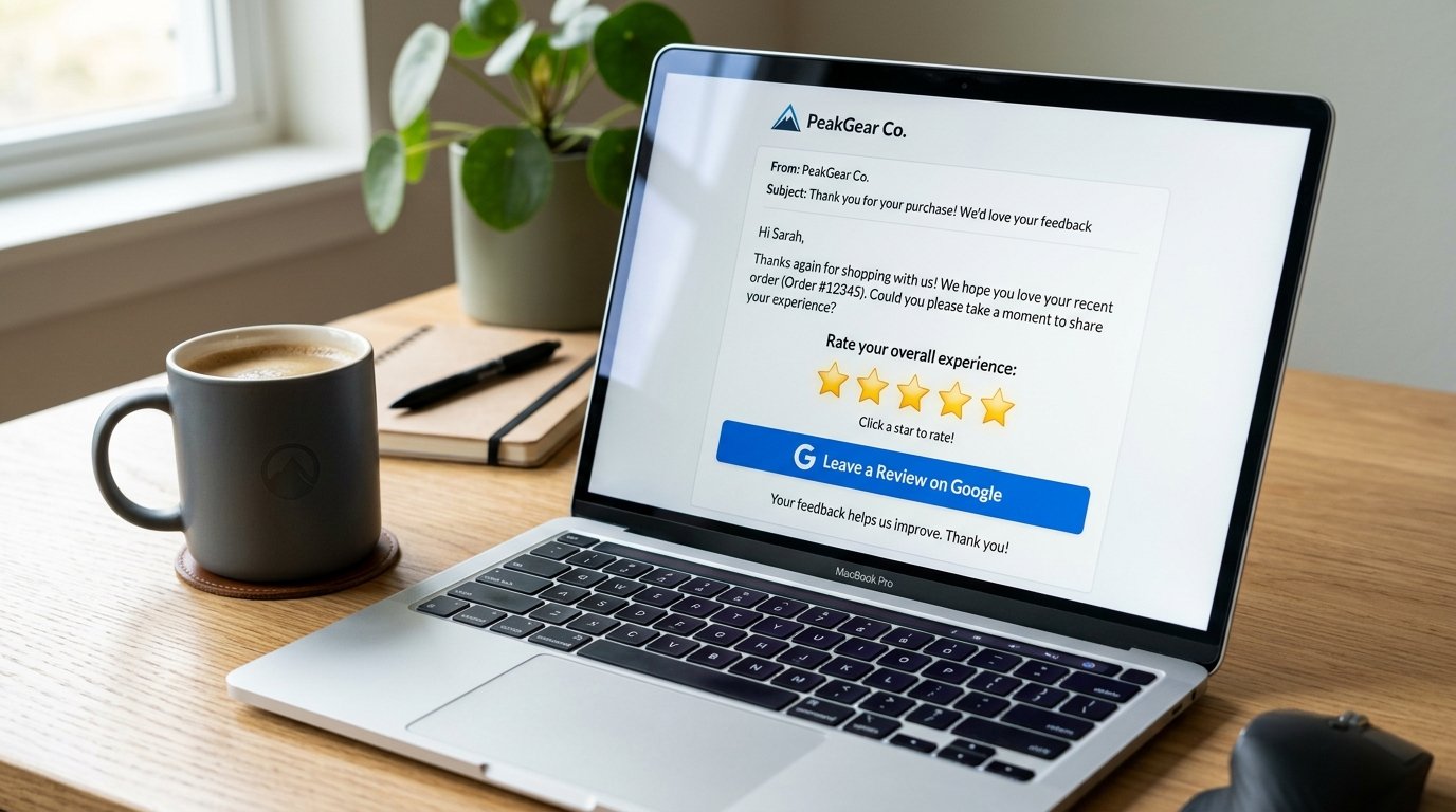 Close up shot of laptop screen showing automated customer review request email