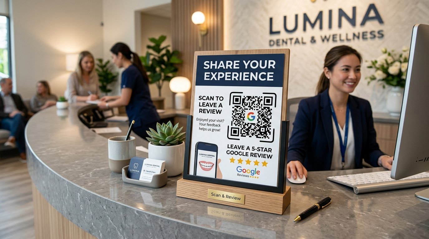 Desktop sign stand on reception desk asking customers to share their feedback