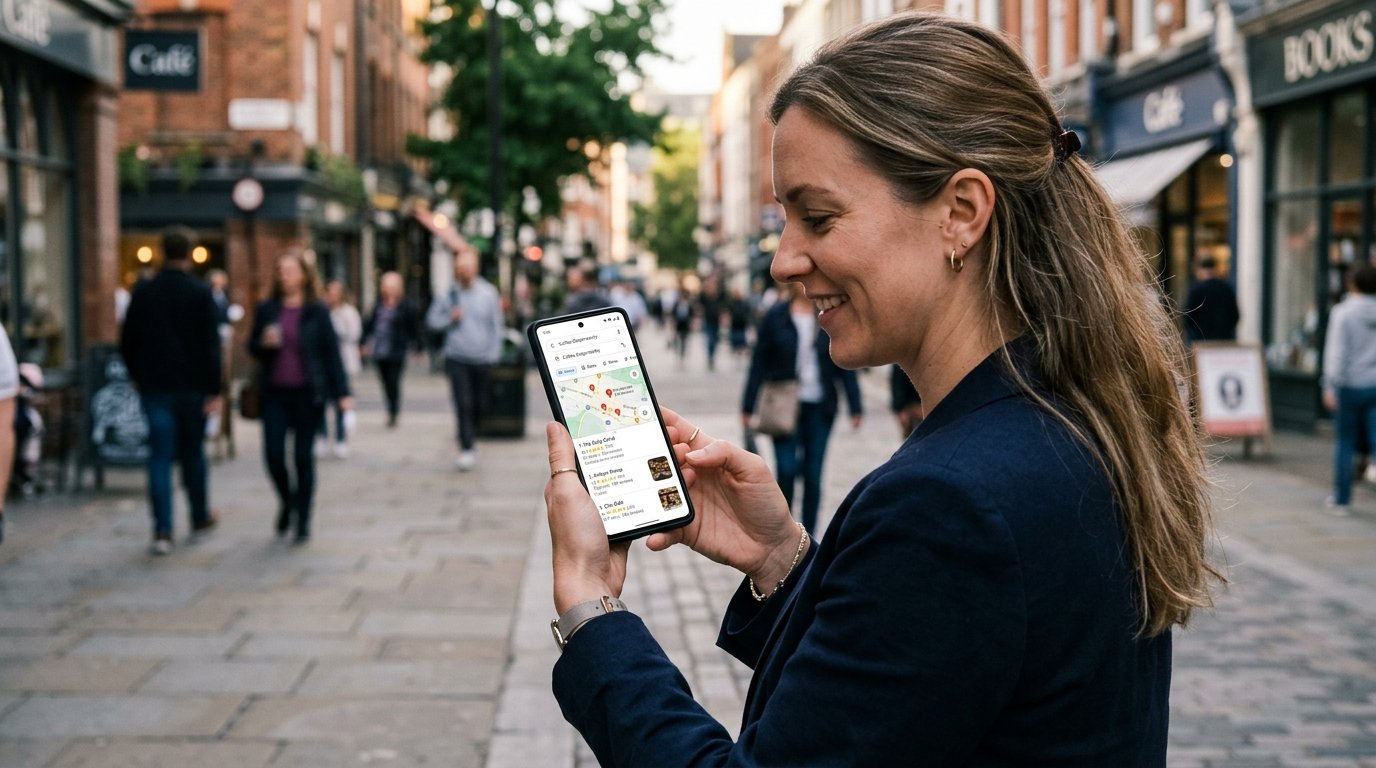 Customer holding smartphone viewing local business Google Maps search results