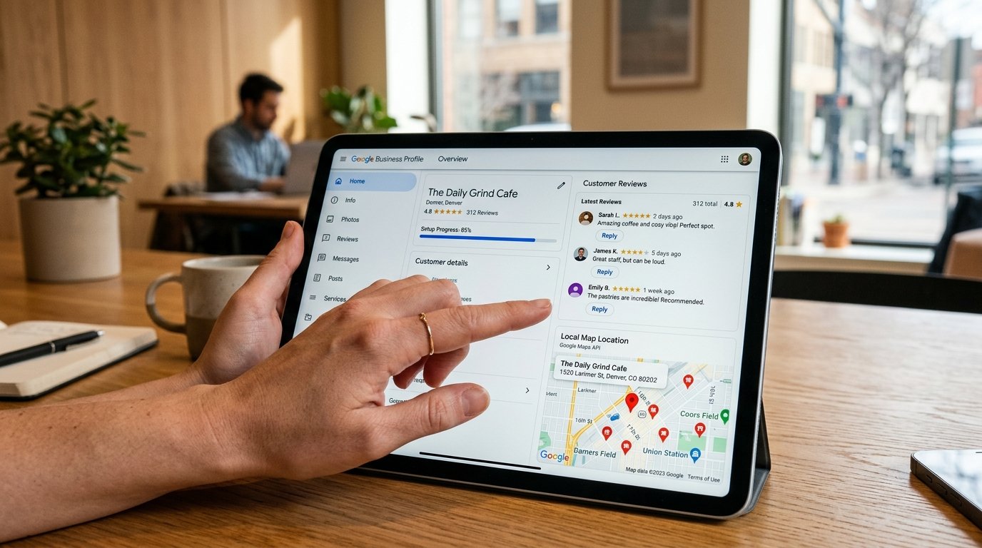 Close up shot of tablet screen showing Google Business Profile reviews management