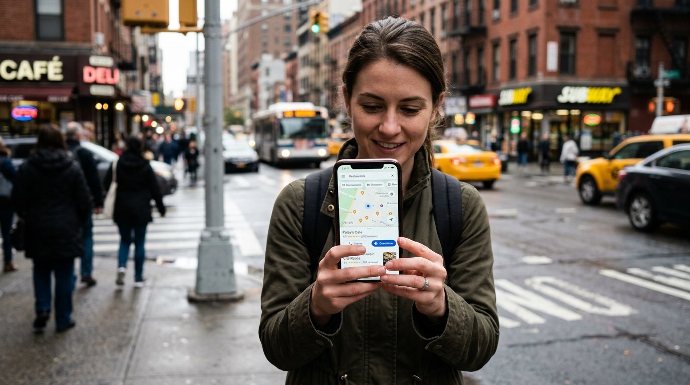 Person holding smartphone searching for nearby service business on Google Maps