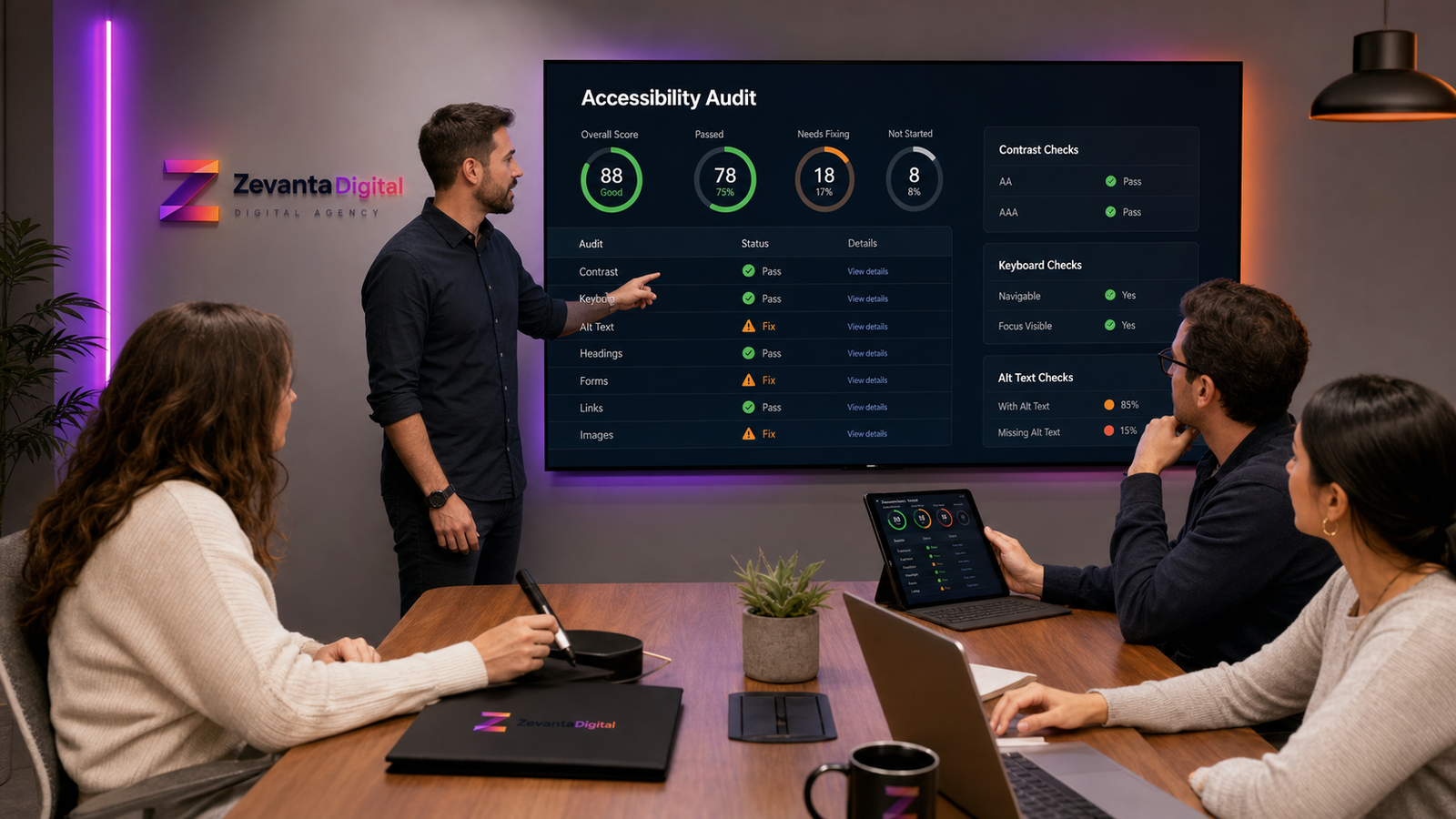 website accessibility audit dashboard with pass and fix checks